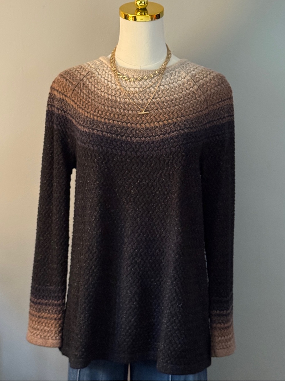 J. Jill Black Crewneck Sweater with Brown Ombre Yoke and Cuffs
